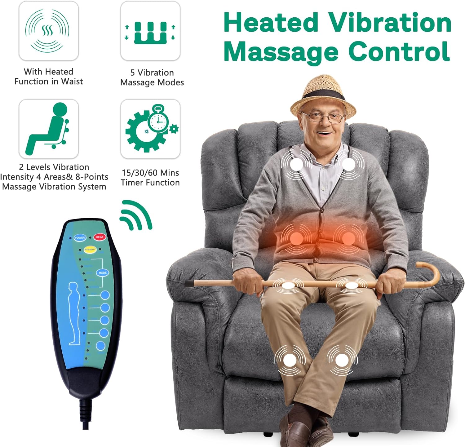 Gray Power Lift Recliner Chair with Heat & Massage E8775