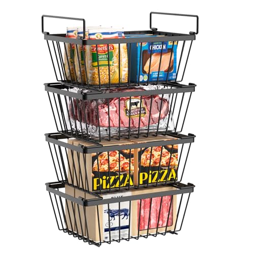 4 Pack Stackable Freezer Organizers Bins with Folding Handles, Black S950149