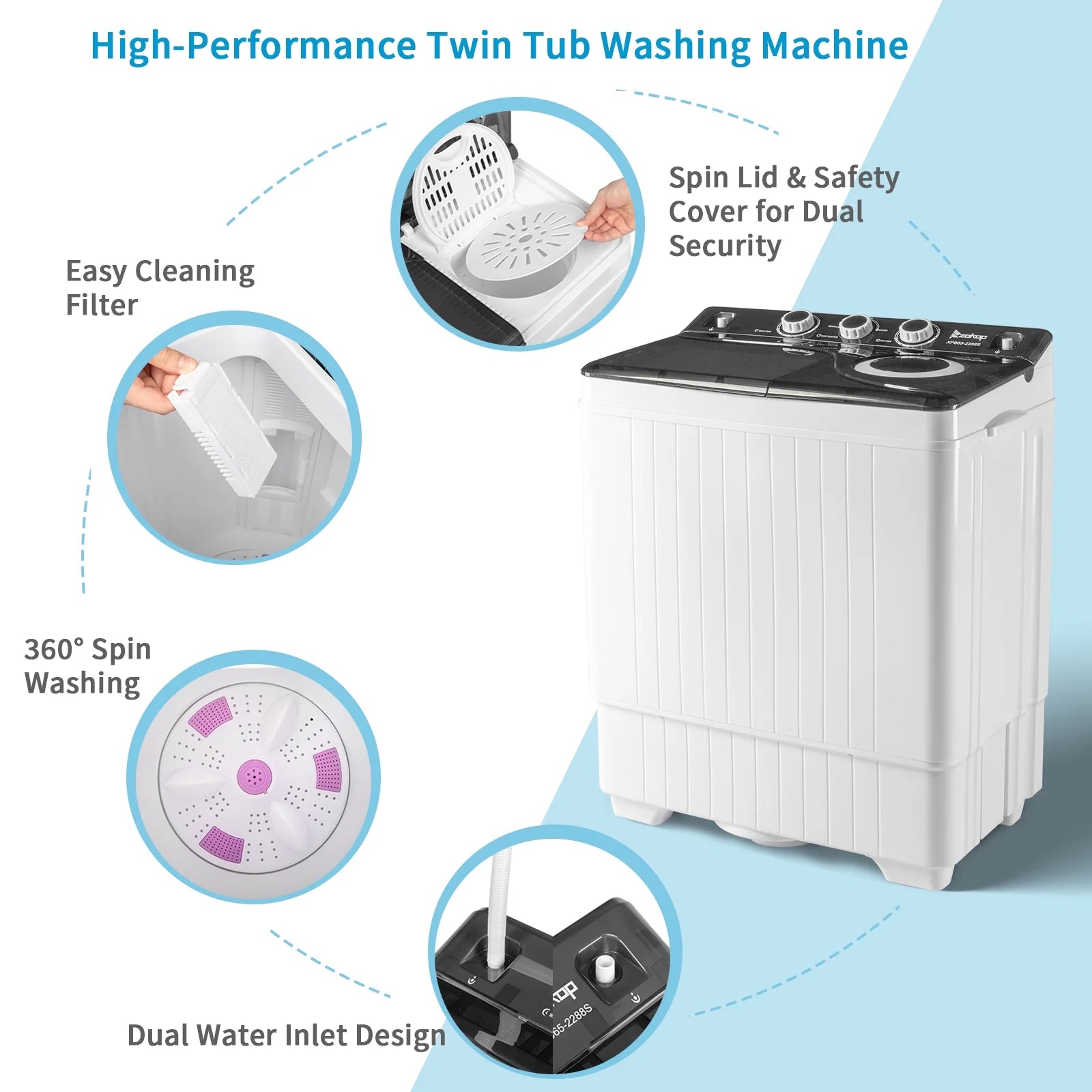 Semi-automatic Twin Tub Washing Machine, 26Lbs, White&Black U25198