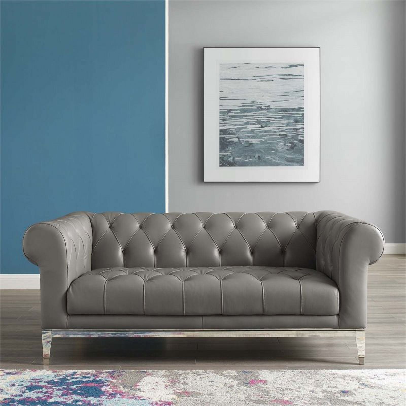 Gray Leather Button Tufted Chesterfield Loveseat A6756