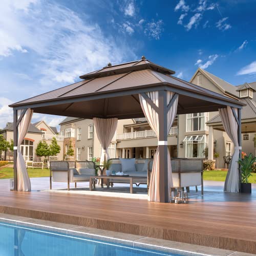 14'x20' Hardtop Gazebo Double Roof Galvanized Steel Canopy Aluminum Frame with Netting and Curtains O907652
