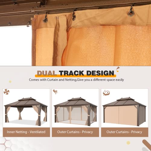 14'x20' Hardtop Gazebo Double Roof Galvanized Steel Canopy Aluminum Frame with Netting and Curtains O907652