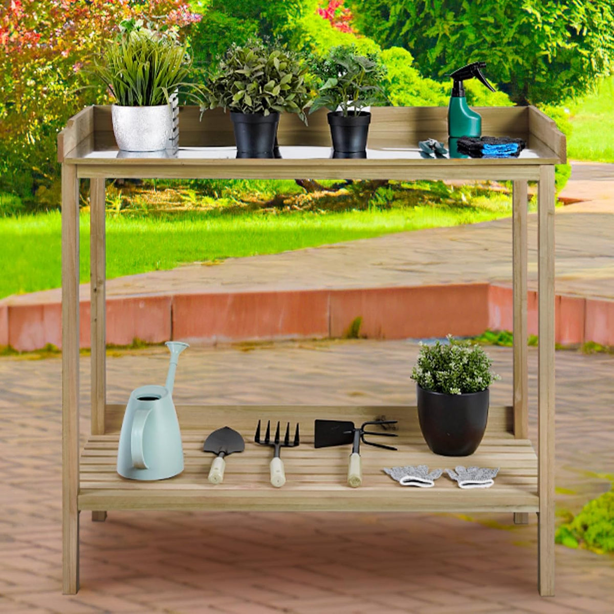 Natural Wood Potting Bench with Galvanized Iron Tabletop A980