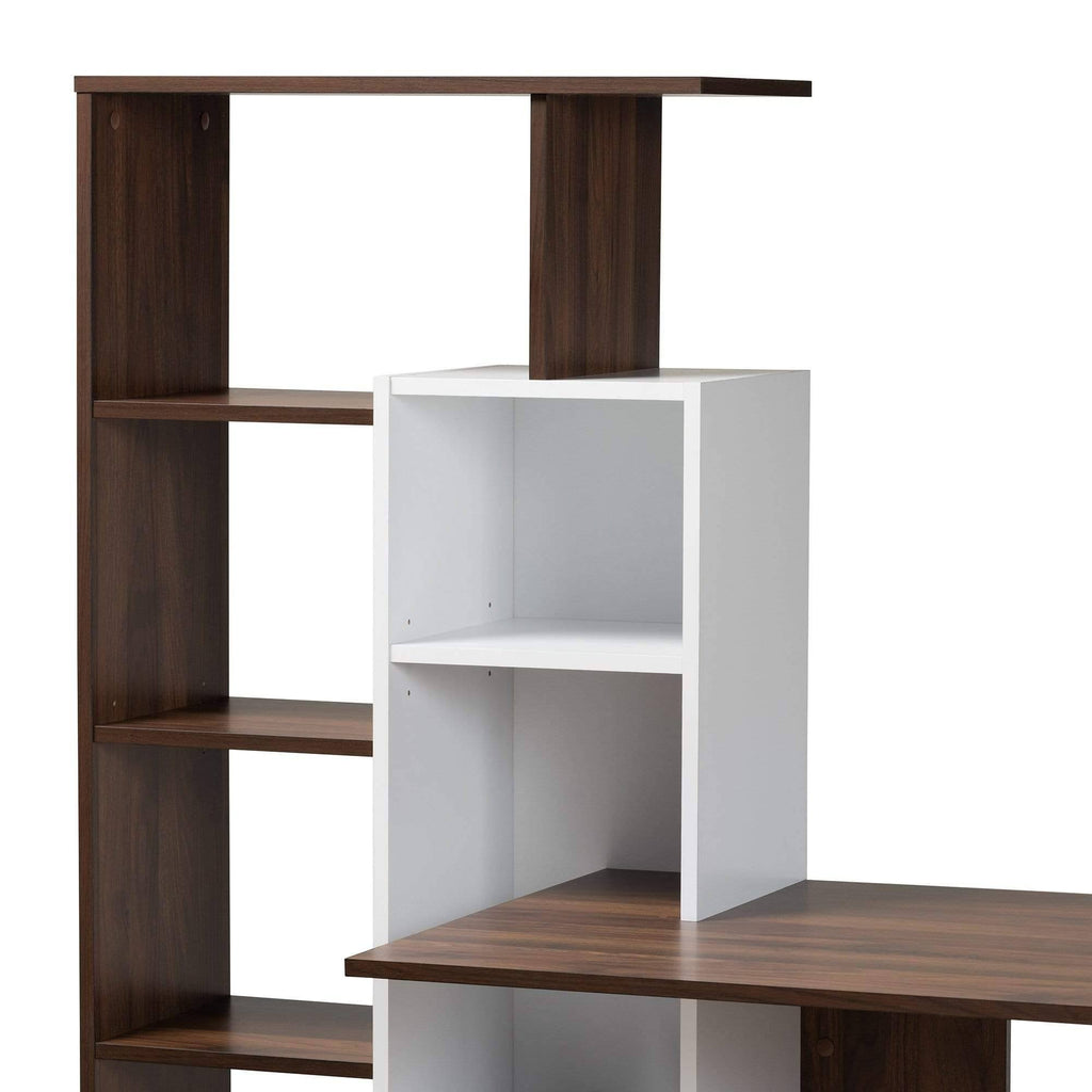 White & Walnut Brown Wood Storage Computer Desk with Shelves L573