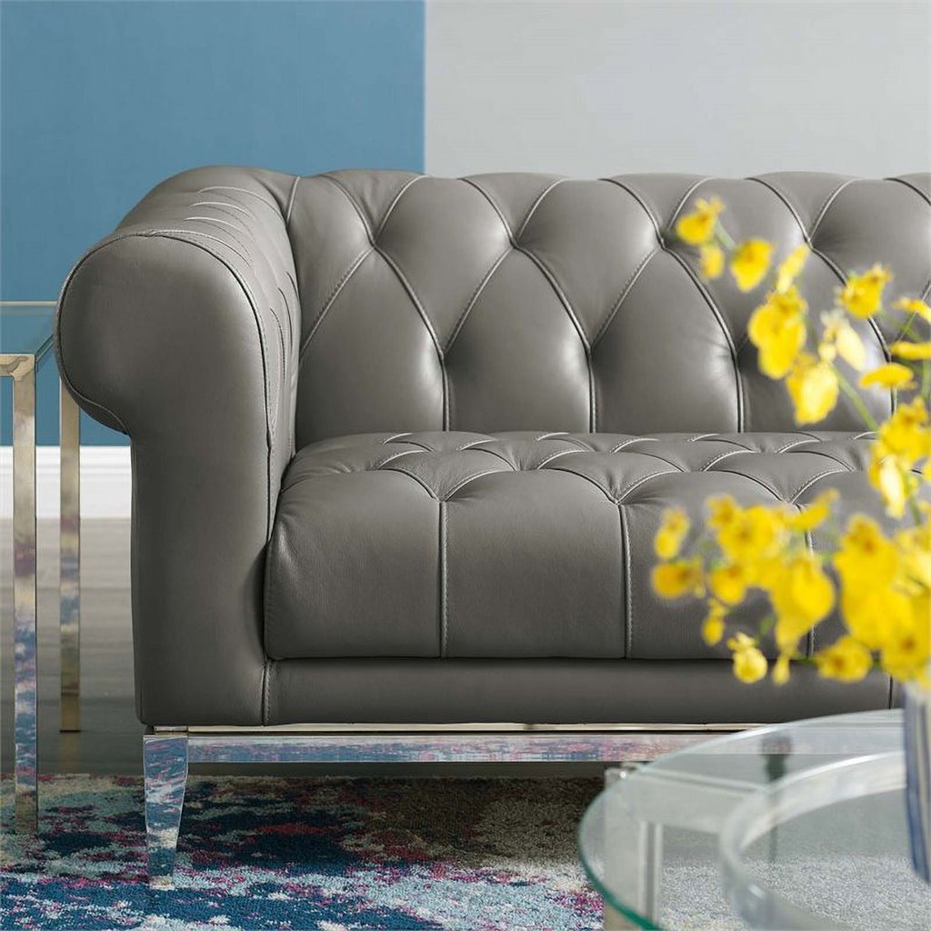 Gray Leather Button Tufted Chesterfield Loveseat A6756