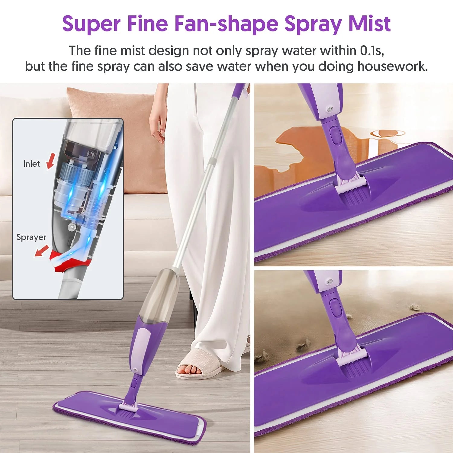 Spray Mop with 550ML Refillable Bottle, 3 Washable Microfiber Pads H26334