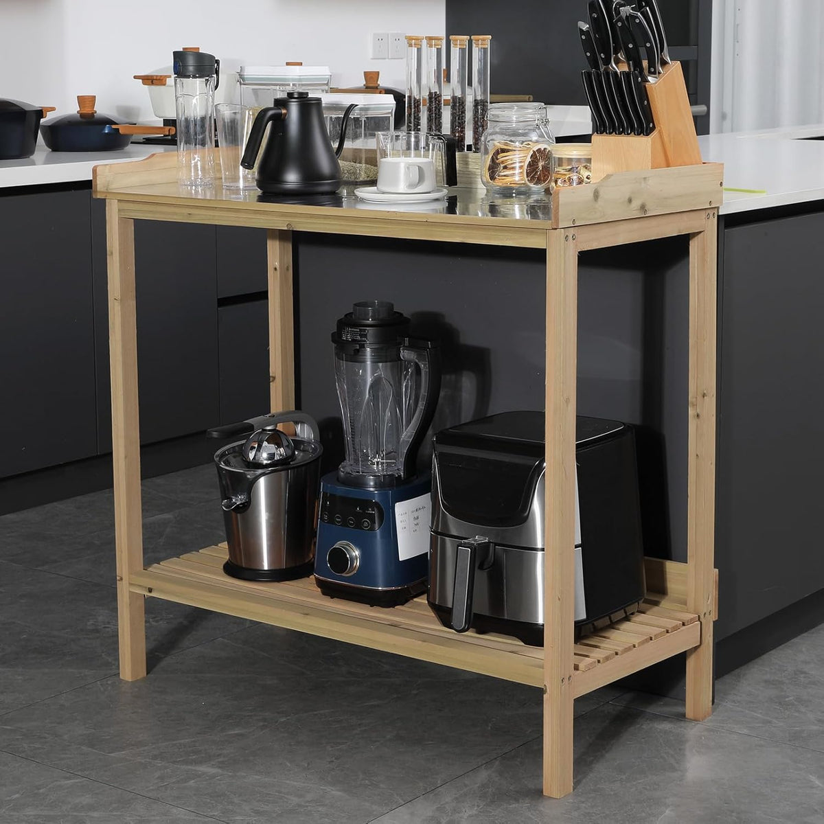 Natural Wood Potting Bench with Galvanized Iron Tabletop A980