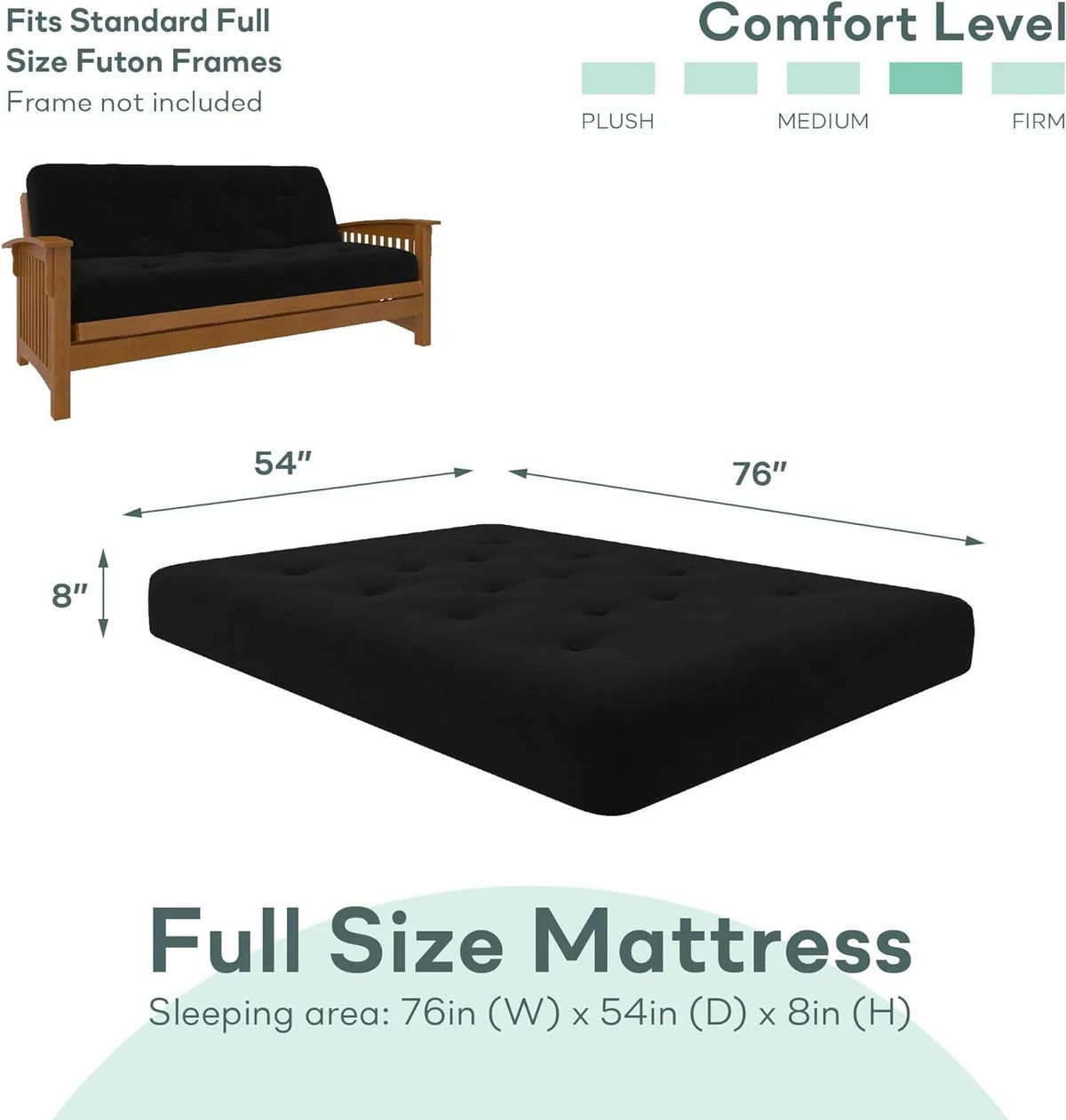 8-Inch Pocket Spring Coil Futon Mattress, Polyester Linen, Full, Black N446398