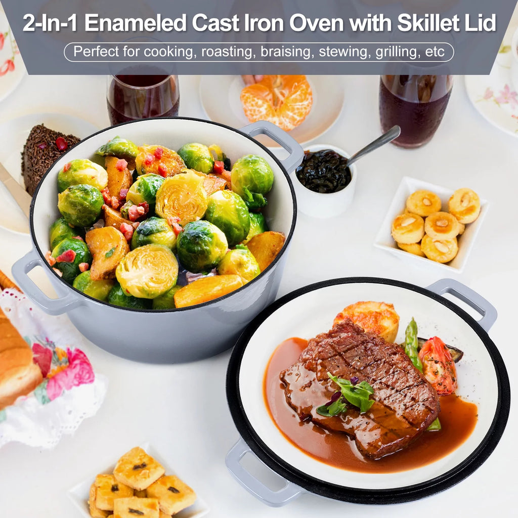 2-in-1 Enameled Cast Iron Dutch Oven with Skillet Lid, 5 Quart F6297