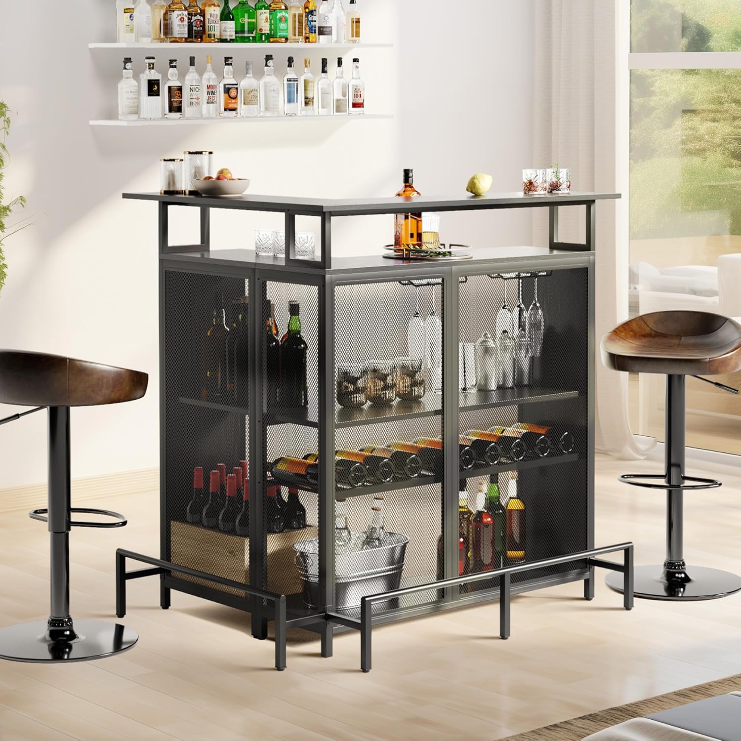 Black L Shaped Mini Home Bar Unit with Music Sensing LED Light, Tall Bars Furniture Table with Wine Rack Alcohol Storage Glasses Hanger Footrest A311