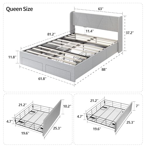 Queen Bed Frame with Storage Headboard & 4 Drawers, LED Upholstered, Light Grey E1576