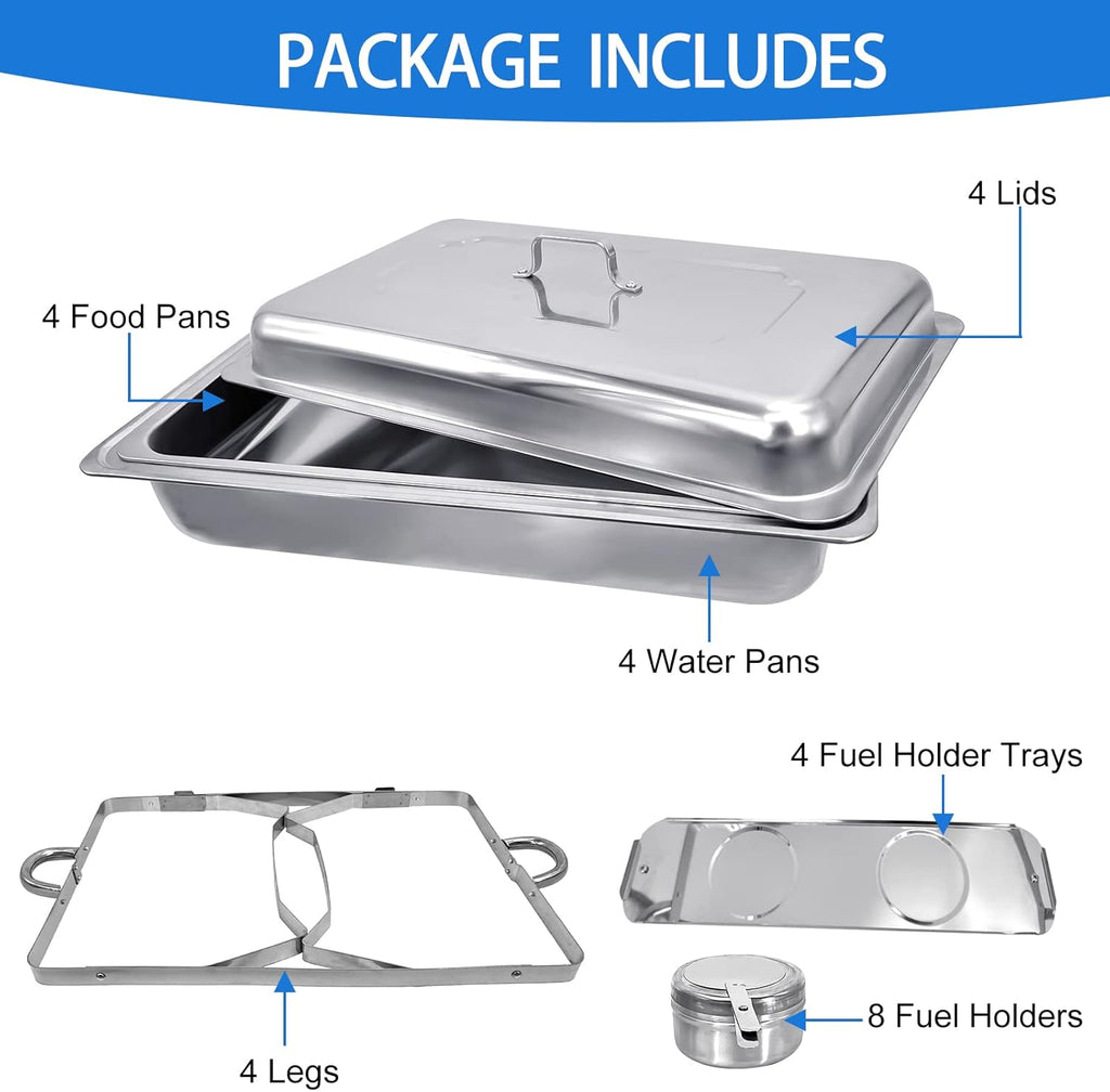 Chafing Dish Buffet Set 4 Pack 8QT Half Size Food Warmer Chafer Complete Set with Water Pan, Chafing Fuel Holder U110