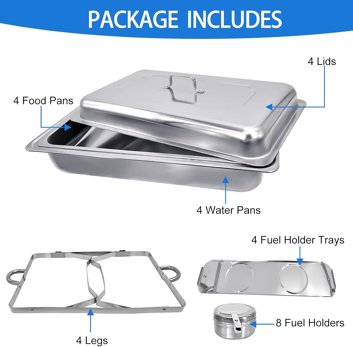 Chafing Dish Buffet Set 4 Pack 8QT Half Size Food Warmer Chafer Complete Set with Water Pan, Chafing Fuel Holder U110