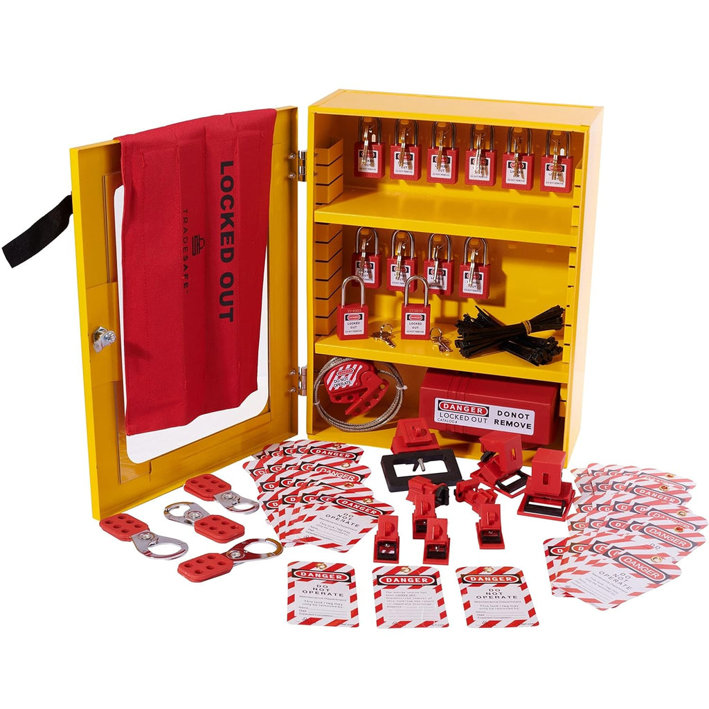 Yellow Steel Plate Wall-Mountable Lockout Tagout Storage Cabinet with 2 Movable Shelf Partitions D69794