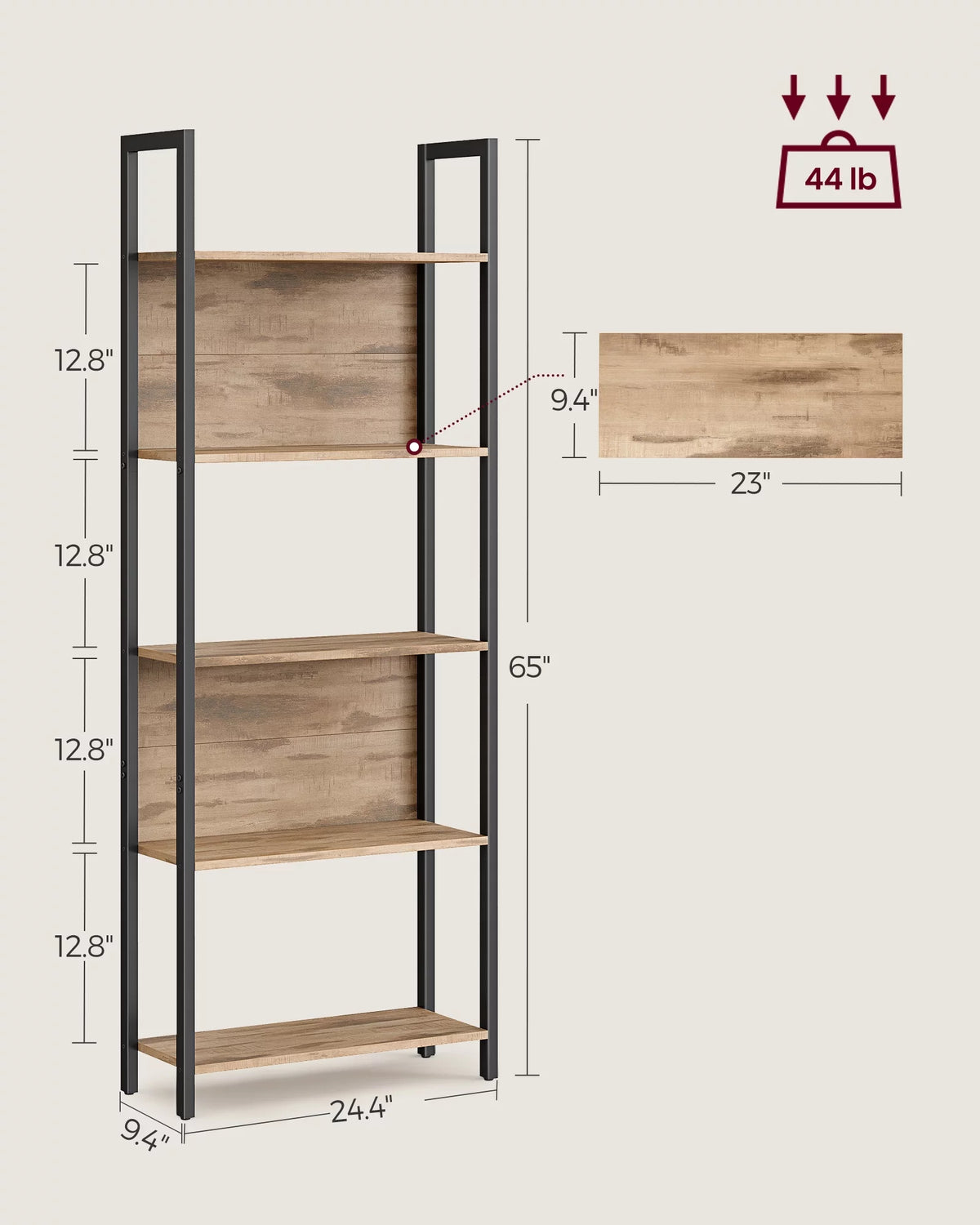 5 Tier Rustic Walnut Black Bookshelf X28249