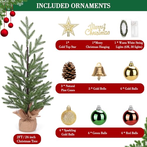 24-inch Mini Christmas Tree with 30 LED Lights & 26 Ornaments, PE Branch Tips & Cement Base K541411