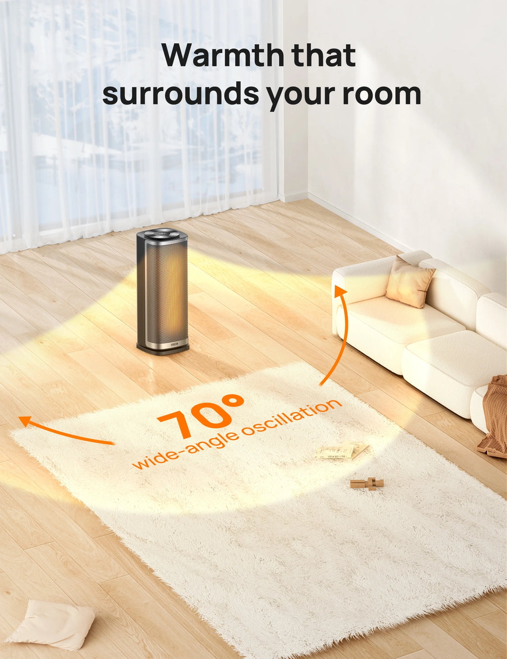 1500W Ceramic Electric Portable Heater with Thermostat, 70° Oscillating, Remote, 12H Timer H47998