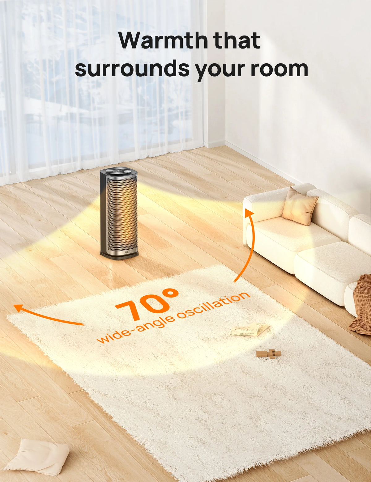 1500W Ceramic Electric Portable Heater with Thermostat, 70° Oscillating, Remote, 12H Timer H47998