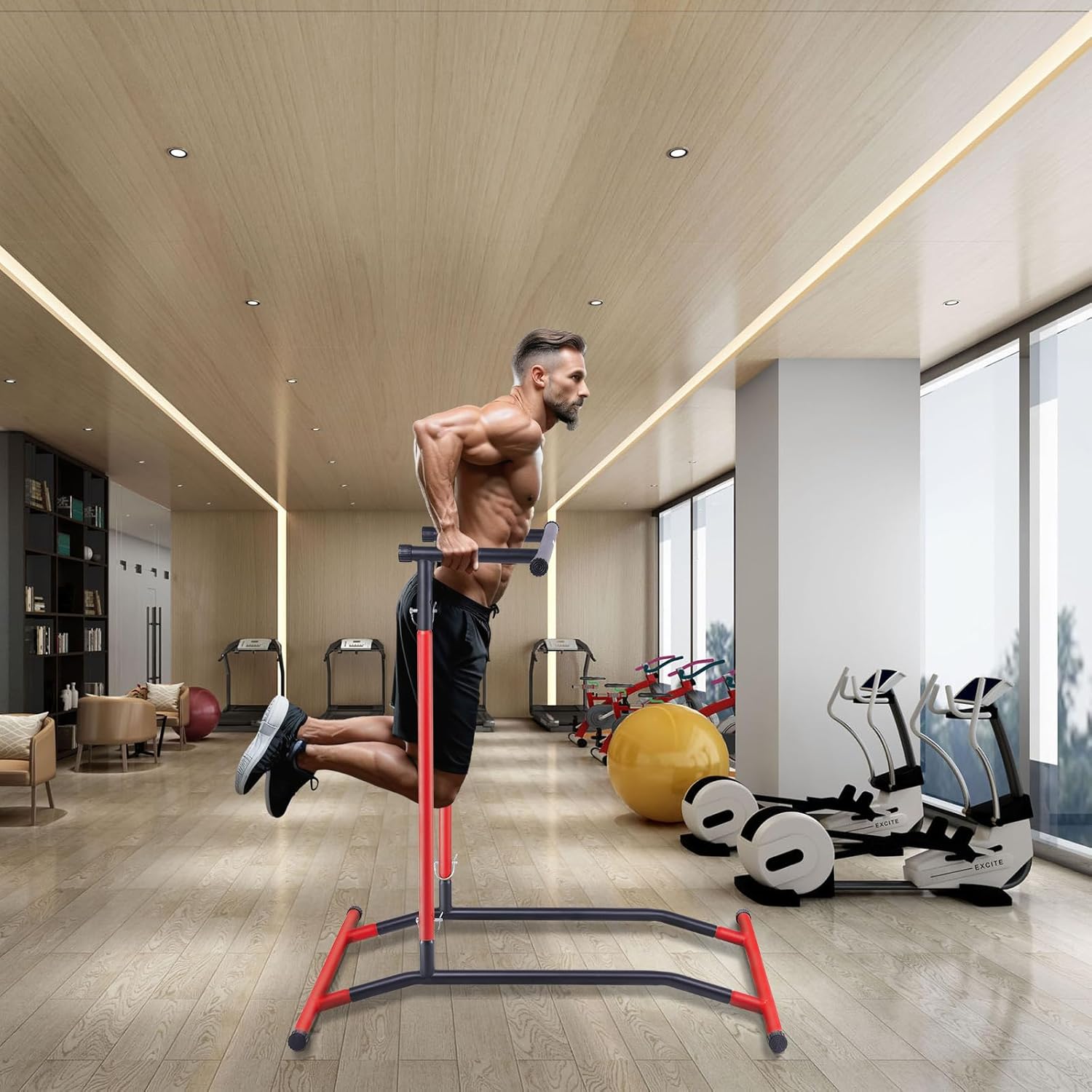 Black & Red 2-Level Height Adjustable Pull Up Bar Dip Station V662104