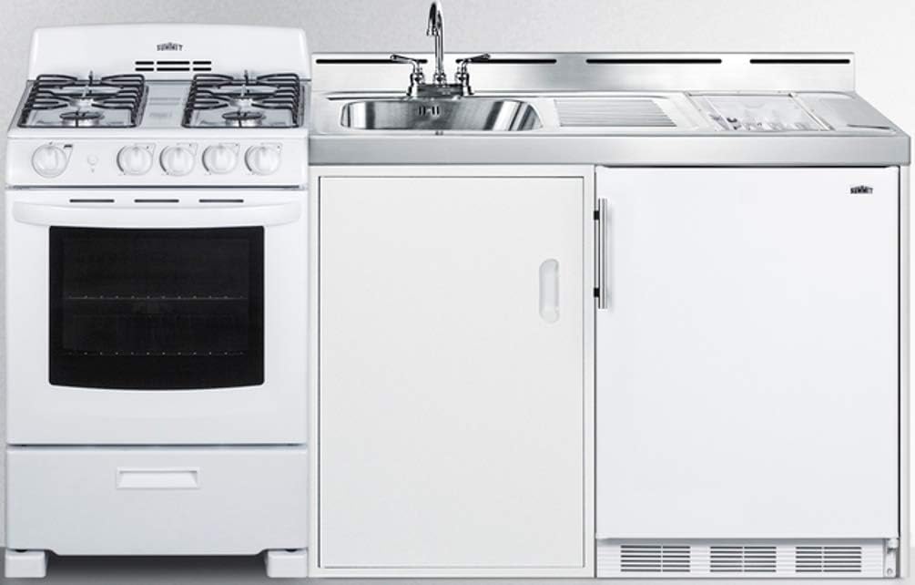 72" Wide All-in-One Kitchenette with 4-Burner Gas Range, Refrigerator-Freezer, Sink, Cutting Board, Cutlery Storage, and Storage Cabinet G2098