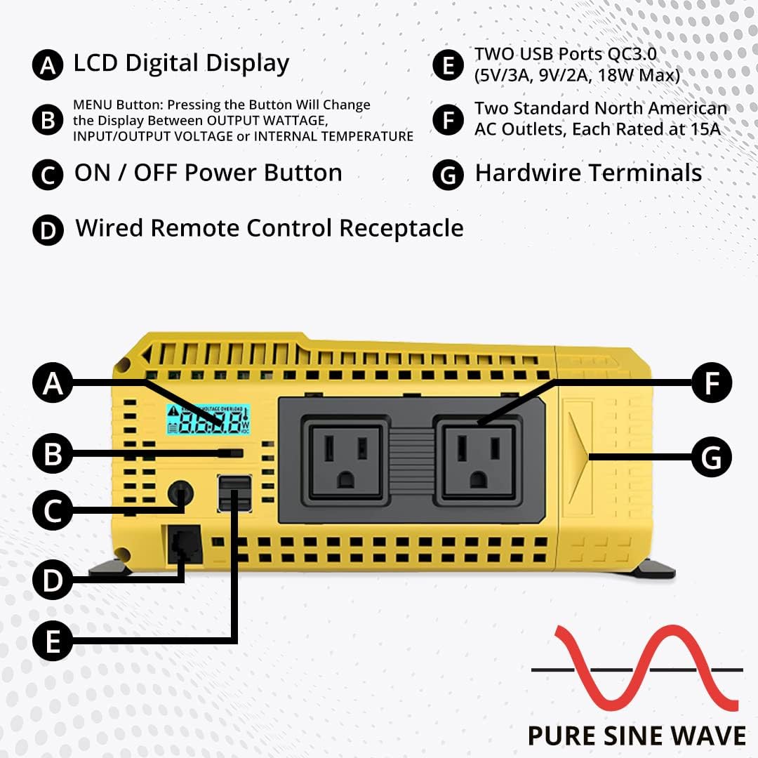 2000 Watt 12V Pure Sine Power Inverter Dual USB & AC Outlets B6750
