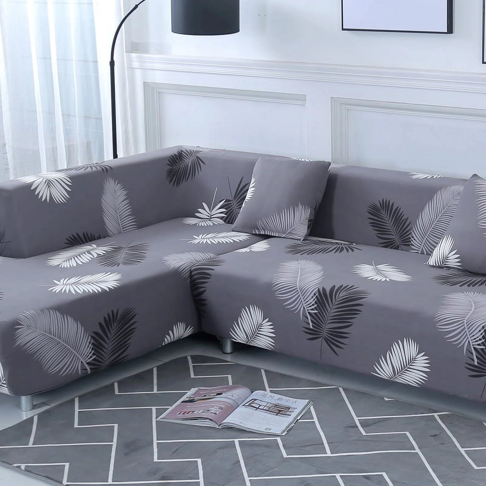 2 Piece L Shaped Sectional Couch Covers with 2pcs Pillowcases, Black, 3 Seater+4 Seater X481811