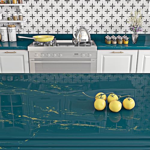 Dark Teal Blue and Gold Marble Peel and Stick Vinyl Contact Paper 15.8x78.8 P500
