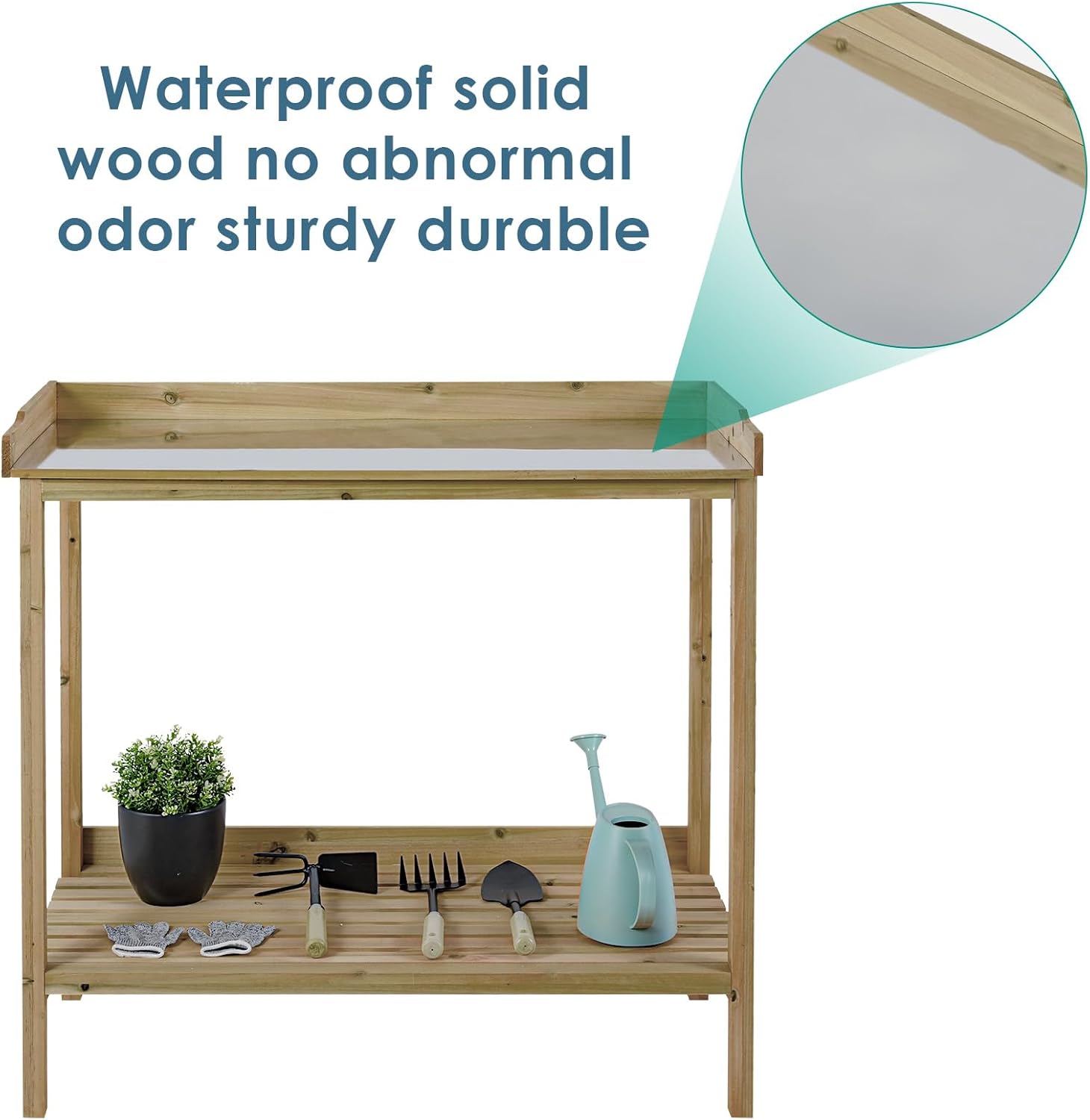 Natural Wood Potting Bench with Galvanized Iron Tabletop A980