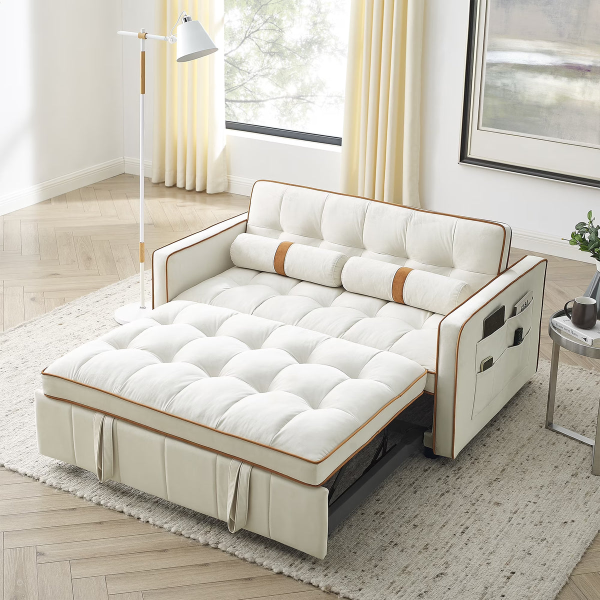 Beige 2 Seater Pull Out Sleep Sofa Bed with Side Pockets D599