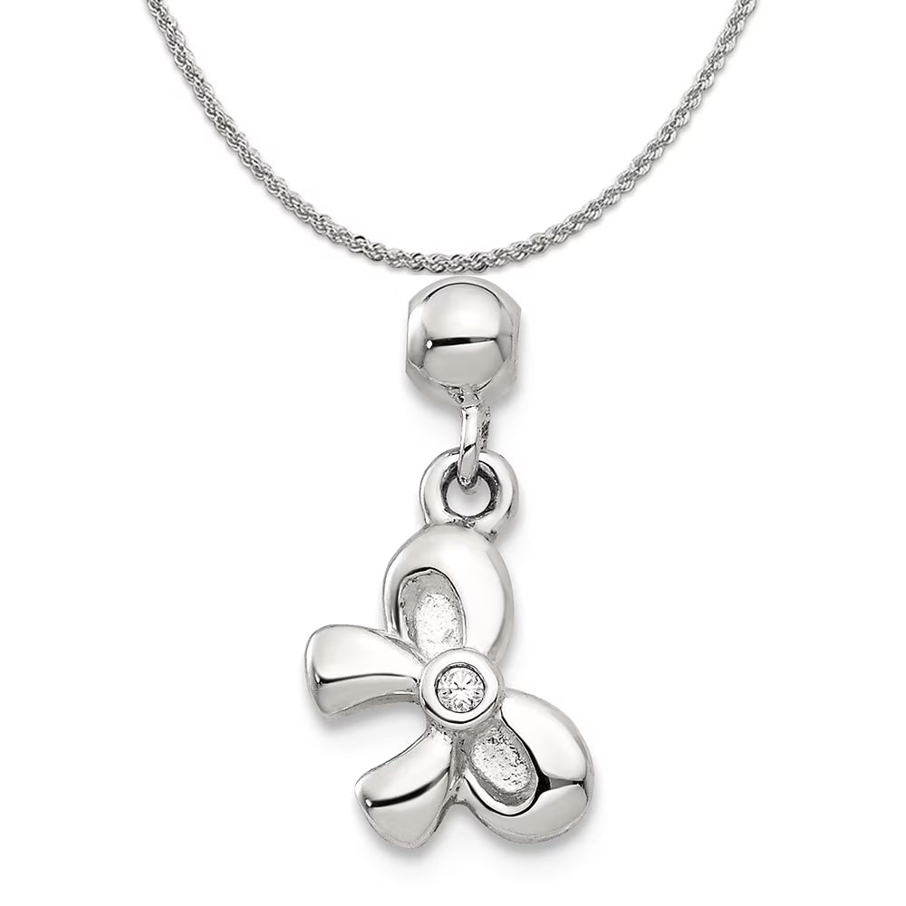 Sterling Silver Created Crystal Bow Charm Pendant with Rope Chain Necklace 20'' Q603