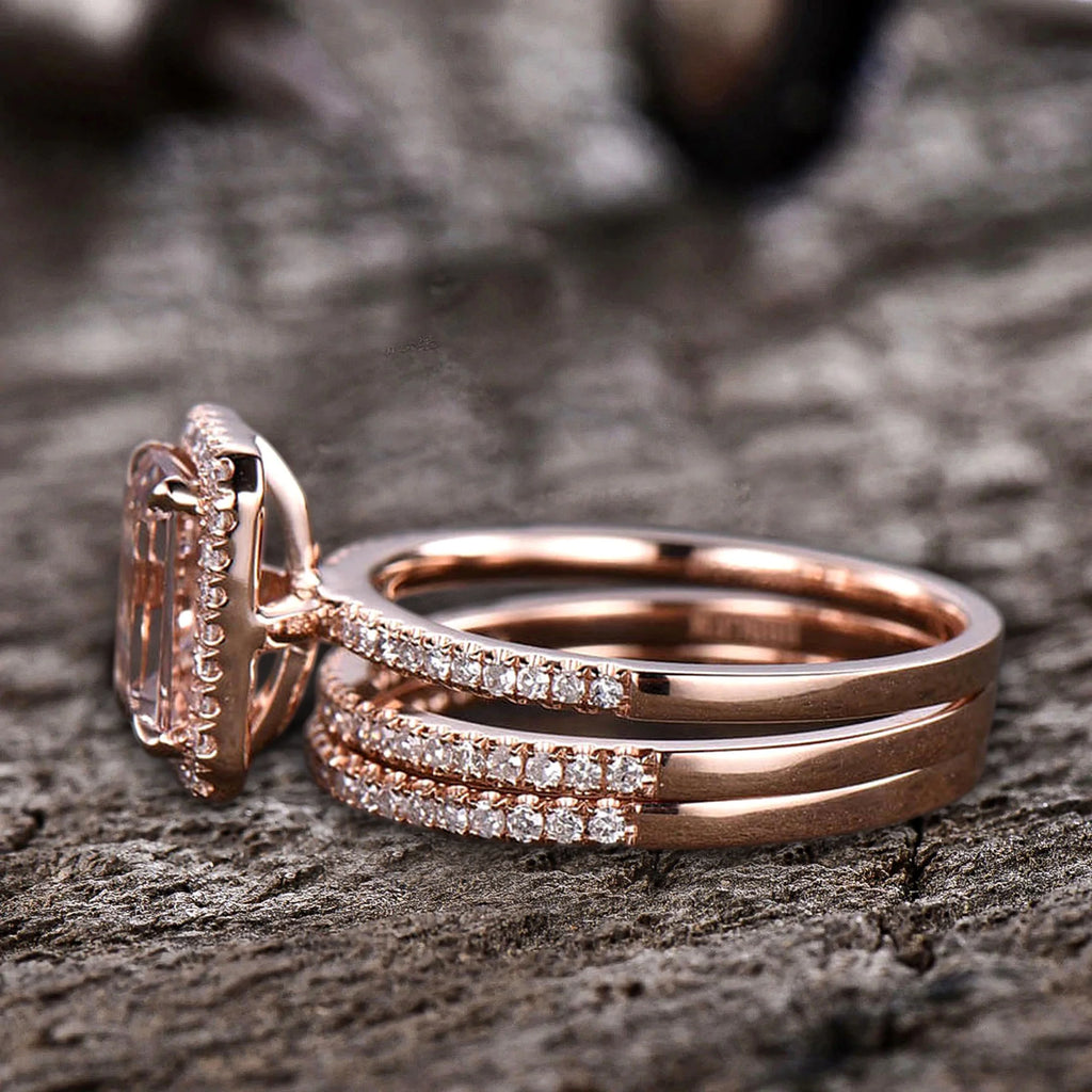 Emerald Cut Morganite Bridal Ring 10k Rose Gold Half Eternity V248