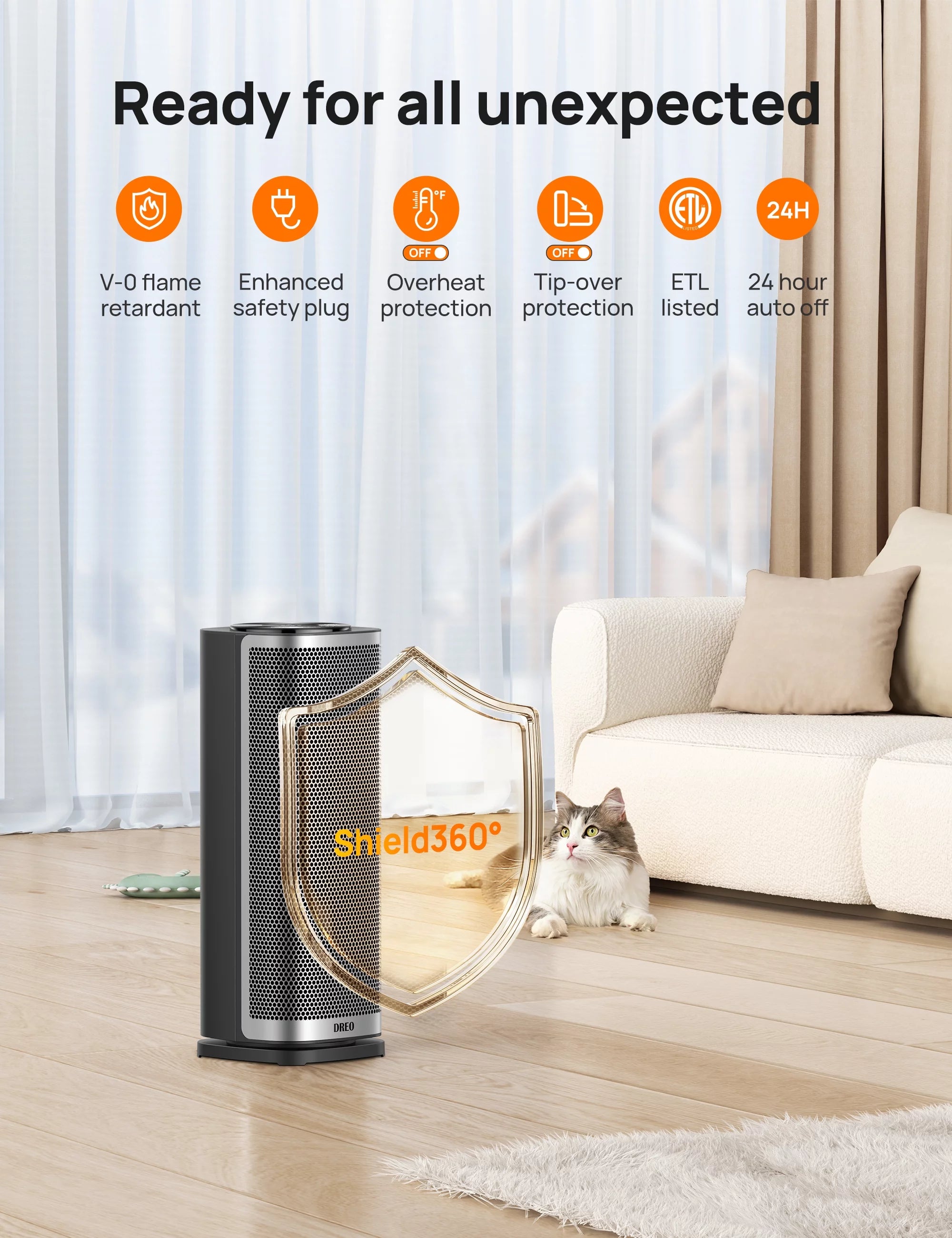 1500W Ceramic Electric Portable Heater with Thermostat, 70° Oscillating, Remote, 12H Timer H47998