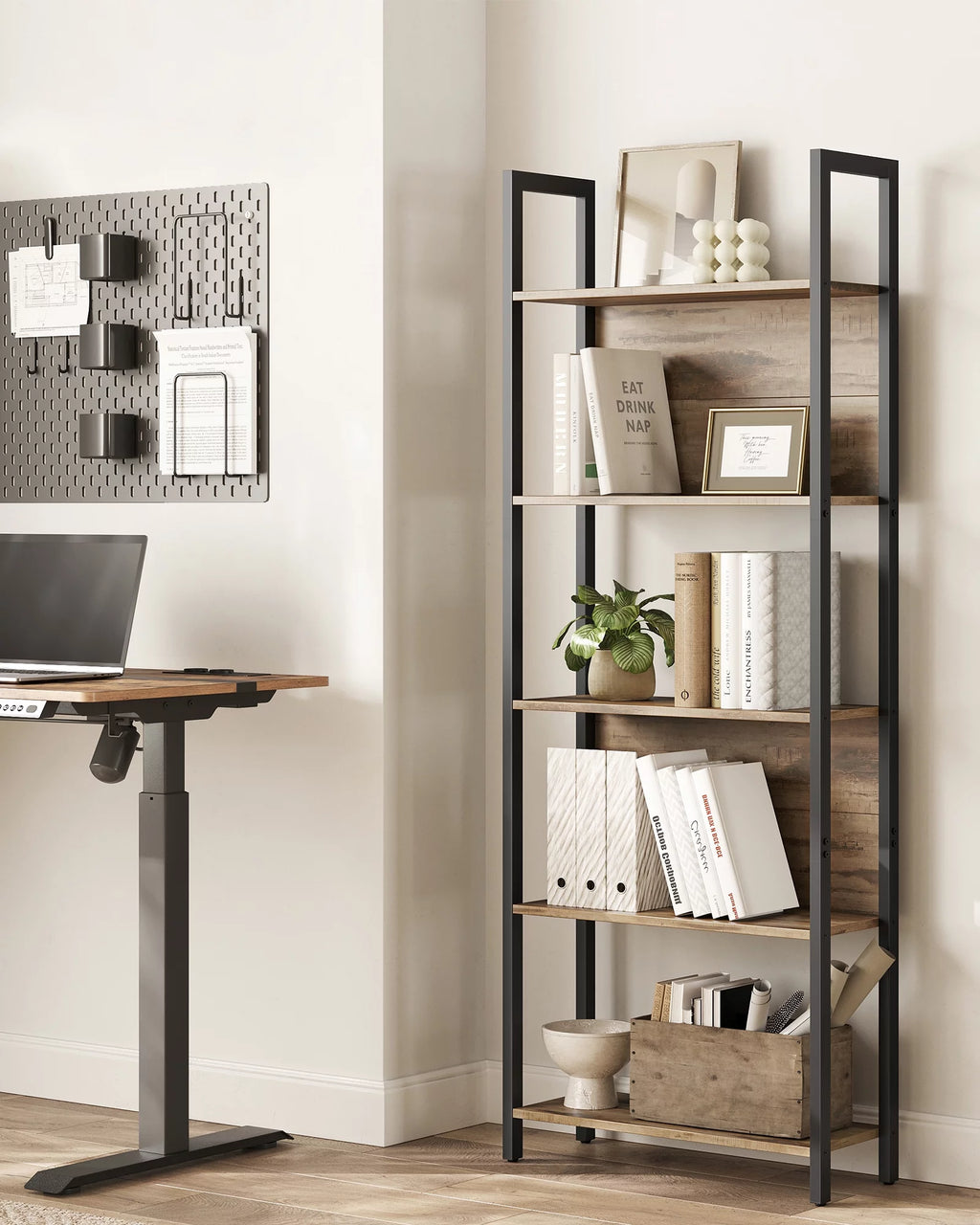 5 Tier Rustic Walnut Black Bookshelf X28249