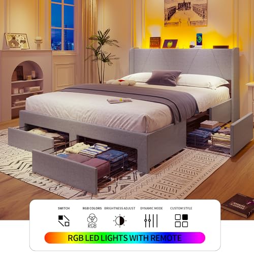 Queen Bed Frame with Storage Headboard & 4 Drawers, LED Upholstered, Light Grey E1576