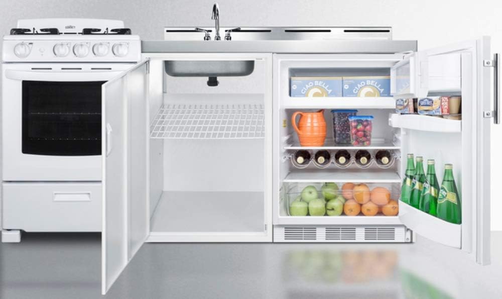 72" Wide All-in-One Kitchenette with 4-Burner Gas Range, Refrigerator-Freezer, Sink, Cutting Board, Cutlery Storage, and Storage Cabinet G2098