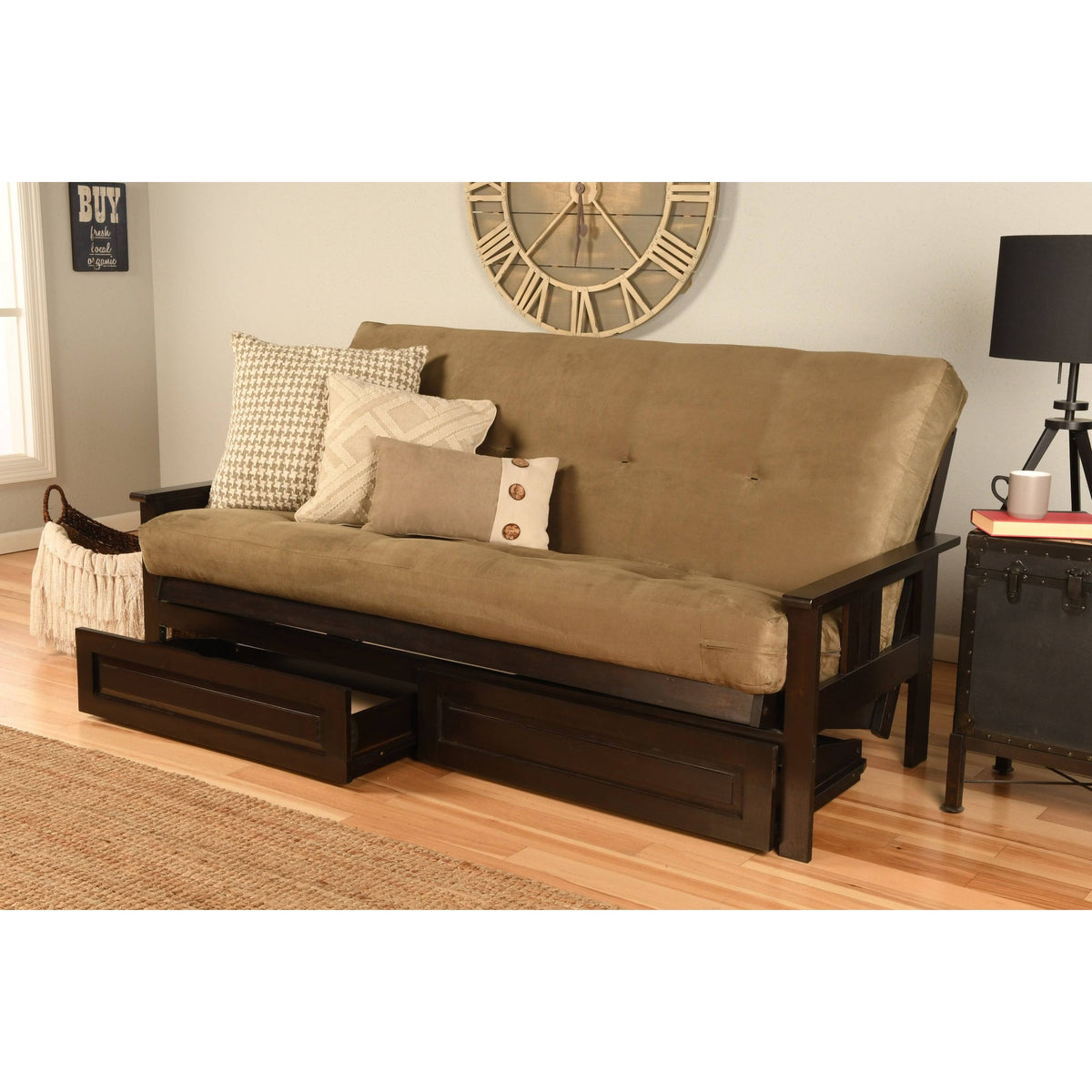 Espresso Full-Size Wood Storage Futon with Mattress D998976