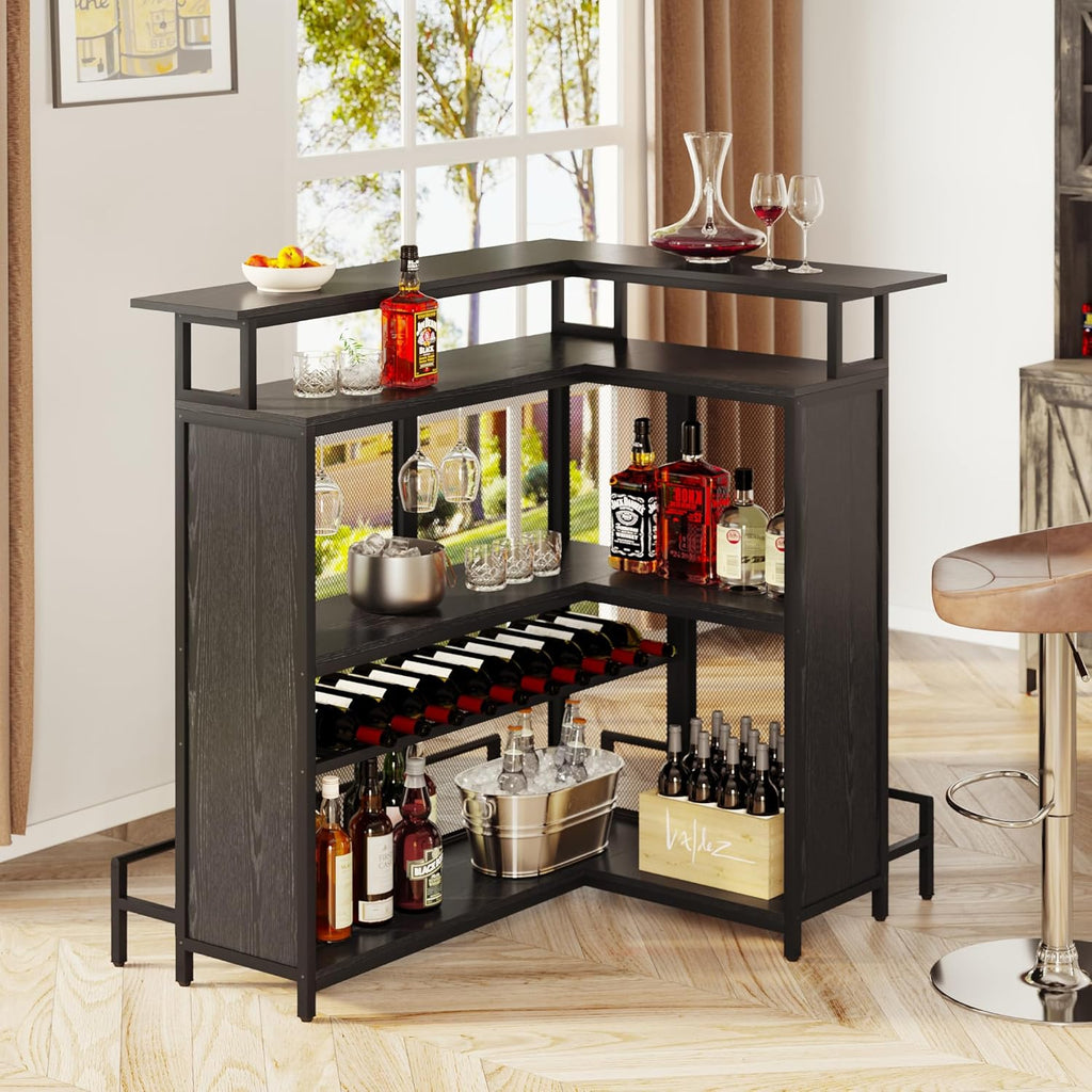 Black L Shaped Mini Home Bar Unit with Music Sensing LED Light, Tall Bars Furniture Table with Wine Rack Alcohol Storage Glasses Hanger Footrest A311