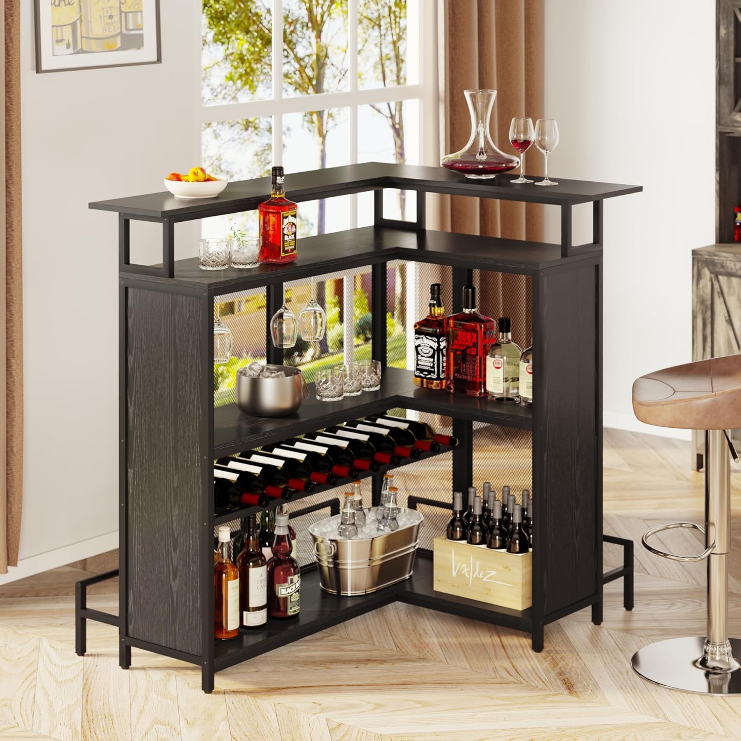 Black L Shaped Mini Home Bar Unit with Music Sensing LED Light, Tall Bars Furniture Table with Wine Rack Alcohol Storage Glasses Hanger Footrest A311