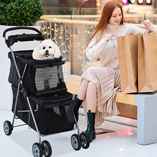 Pink 4 Wheel Folding Pet Stroller with Storage Basket I16766