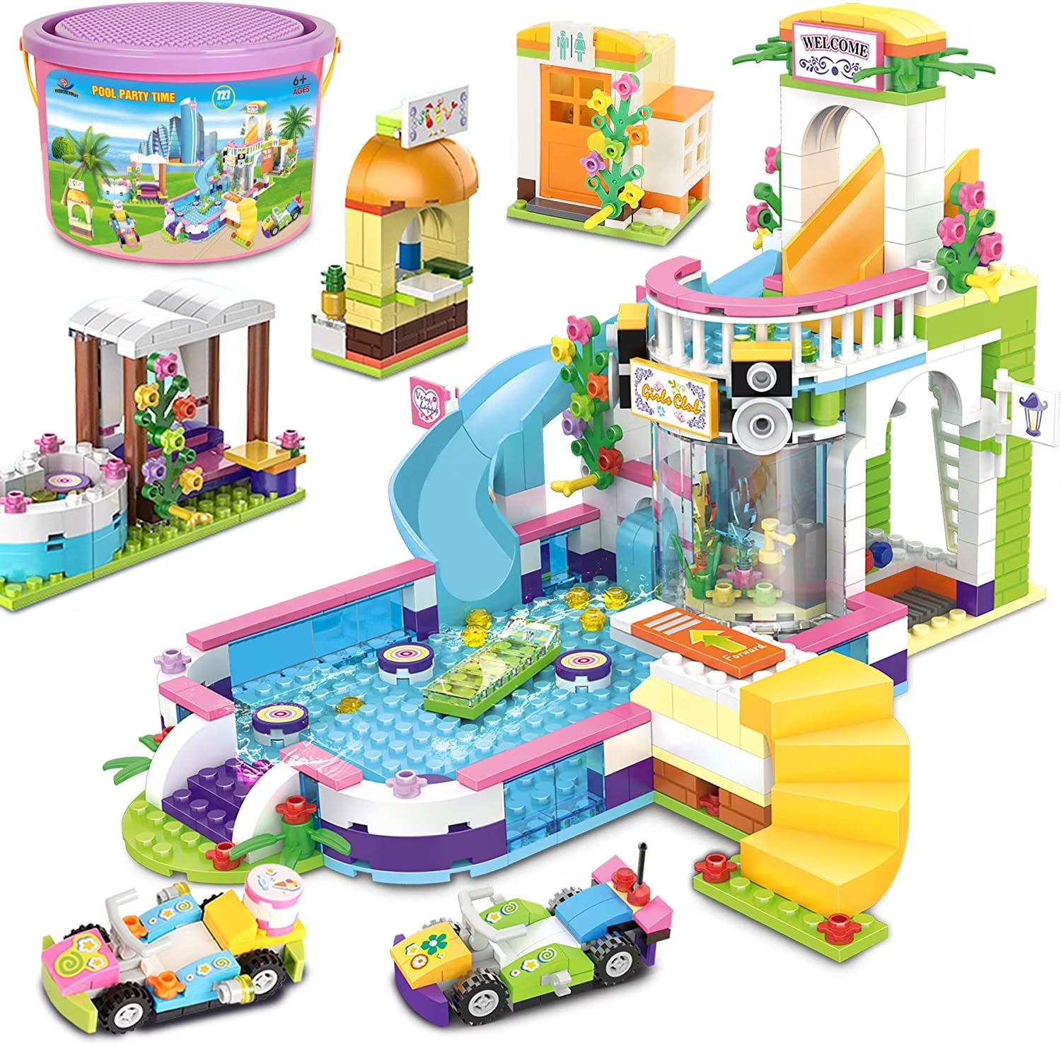 727 Pieces Pool Building Blocks Set with Toy Juice Bar and Hot Tub Q209118