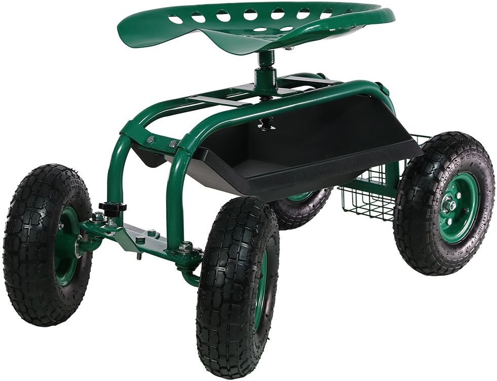 Green Rolling Gardening Chair Cart with Swivel Seat and Storage Basket C557968