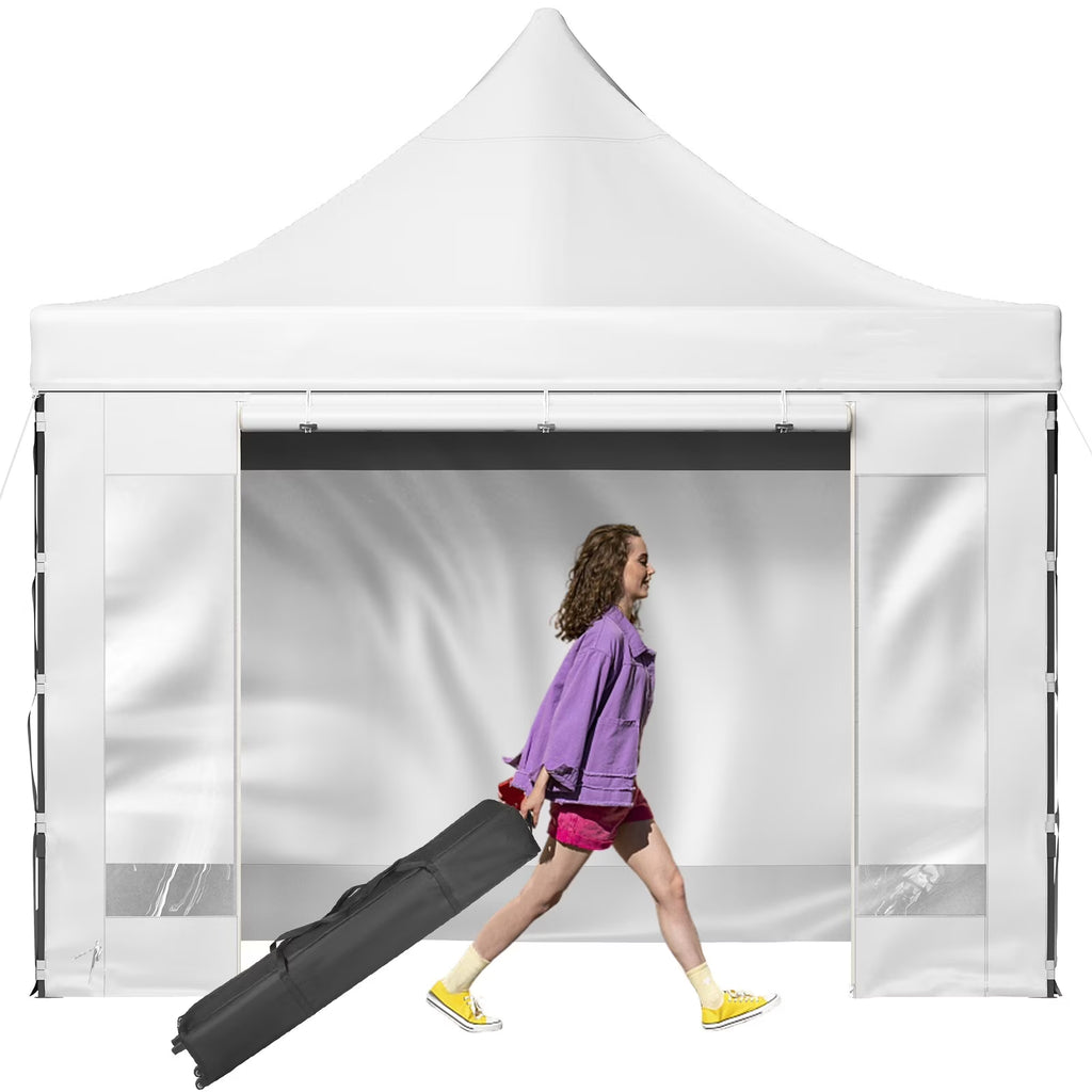 White 10 x 10 ft Pop Up Canopy Tent with Removable Sidewalls and Wheeled Bag A4230