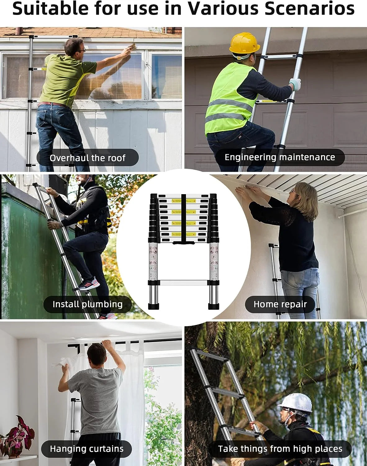 Telescoping Ladder, 12.5 FT Aluminum, 330 lbs Load Capacity A49967