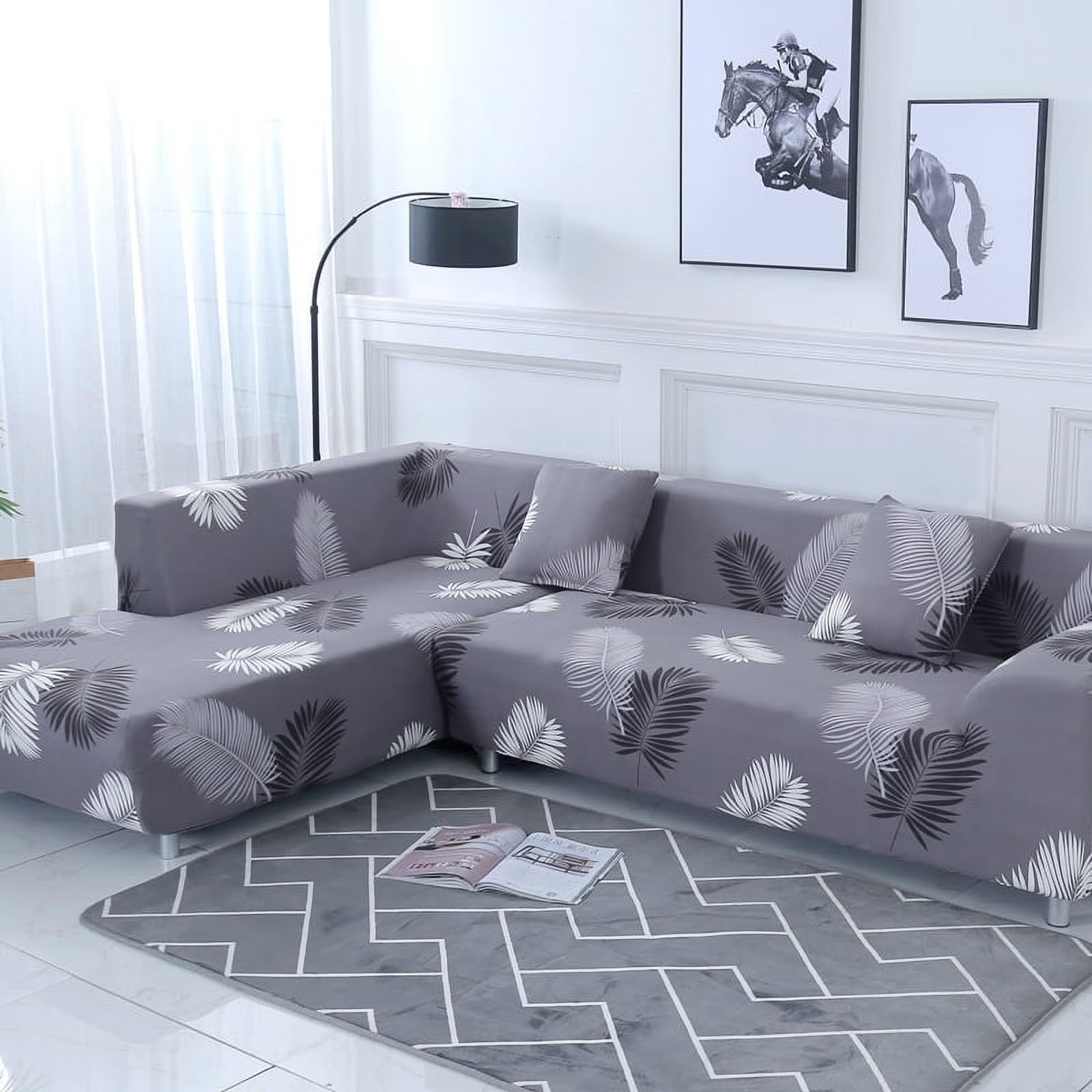 2 Piece L Shaped Sectional Couch Covers with 2pcs Pillowcases, Black, 3 Seater+4 Seater X481811