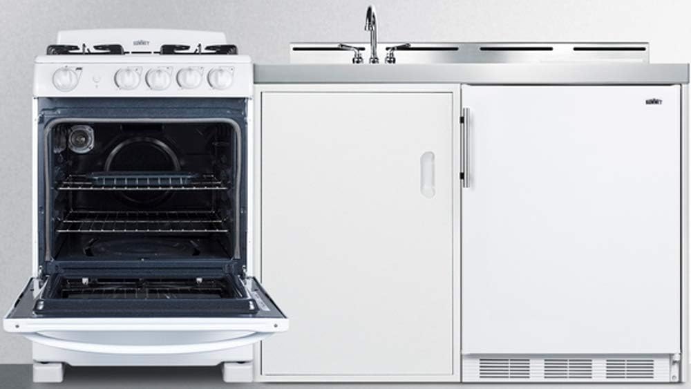 72" Wide All-in-One Kitchenette with 4-Burner Gas Range, Refrigerator-Freezer, Sink, Cutting Board, Cutlery Storage, and Storage Cabinet G2098