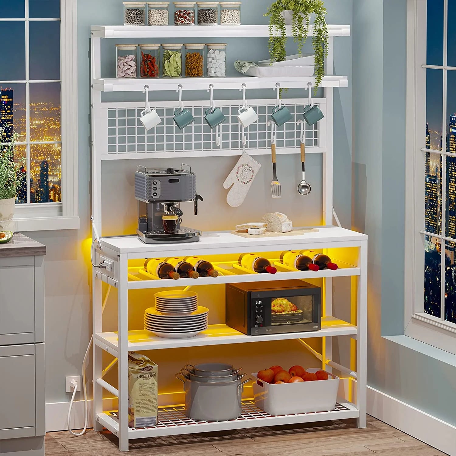 White 6-Tier Bakers Rack with Power Outlet and LED Lights V457