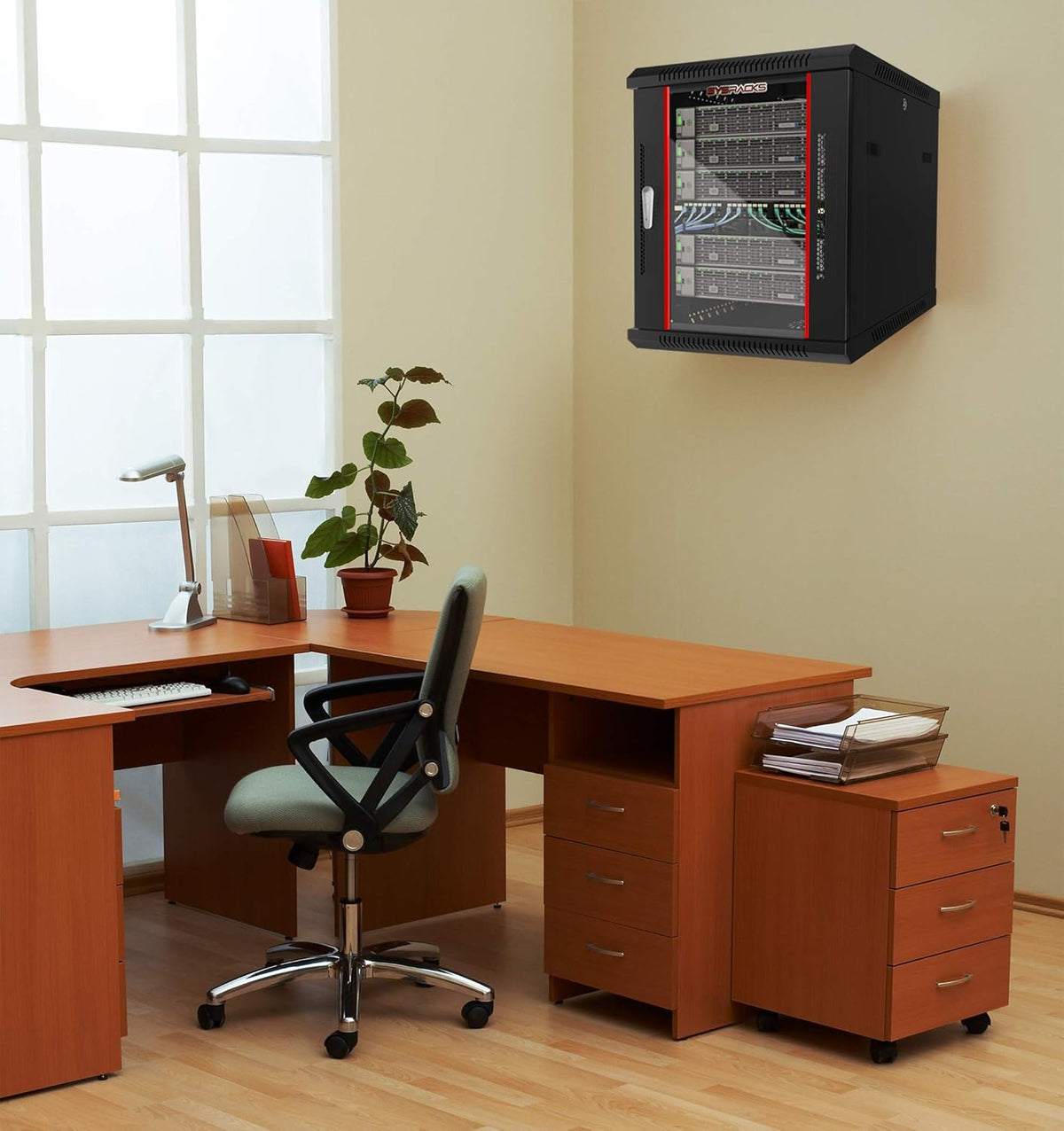 Locking 9U Wall Mount Server Rack with Casters and Shelf K3350