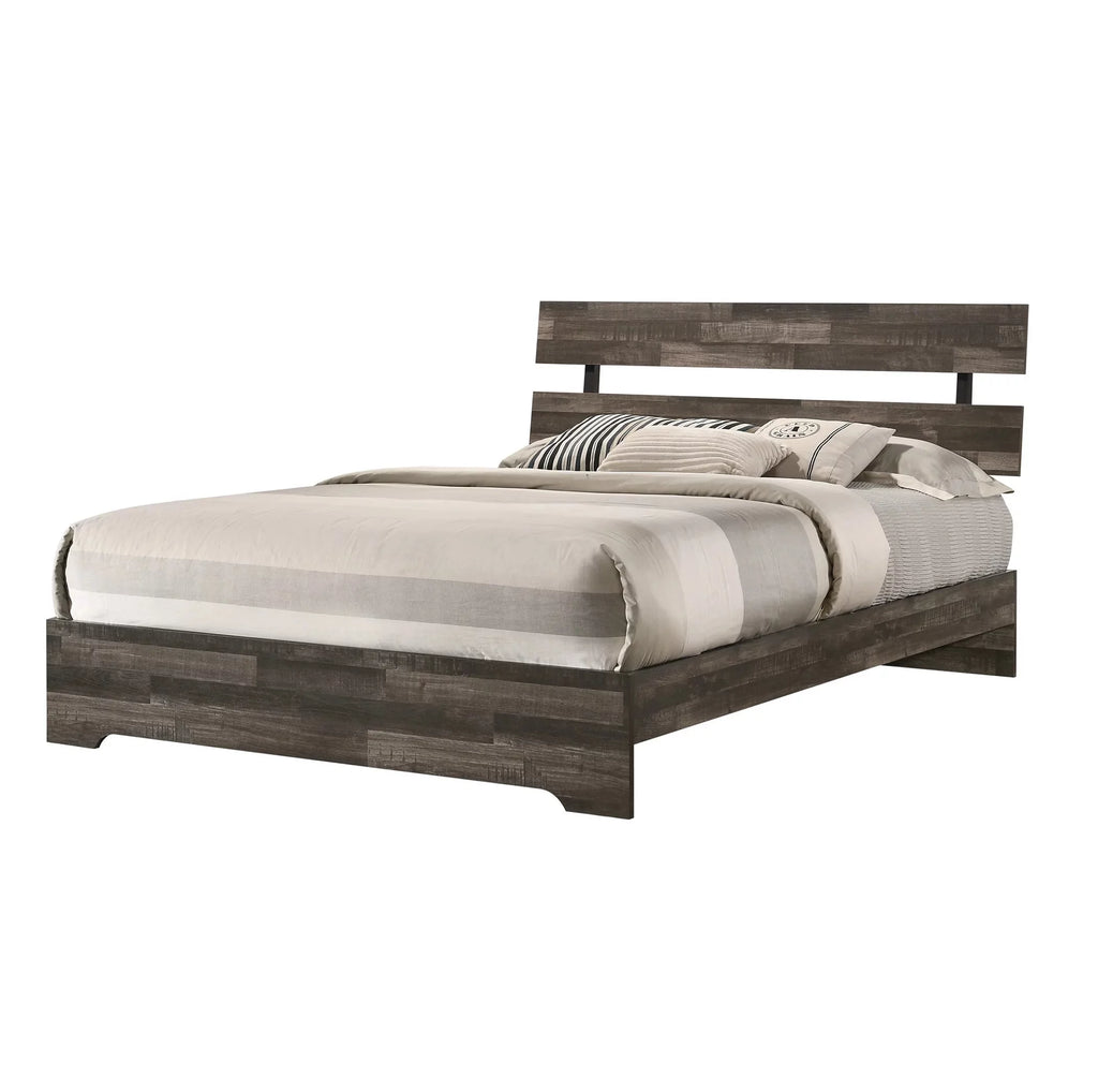 Rustic Brown Queen Size Platform Bedroom Set Bed Dresser Mirror Nightstand Wooden Furniture R621482