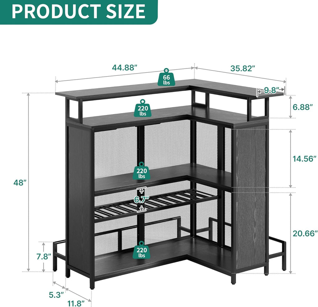 Black L Shaped Mini Home Bar Unit with Music Sensing LED Light, Tall Bars Furniture Table with Wine Rack Alcohol Storage Glasses Hanger Footrest A311