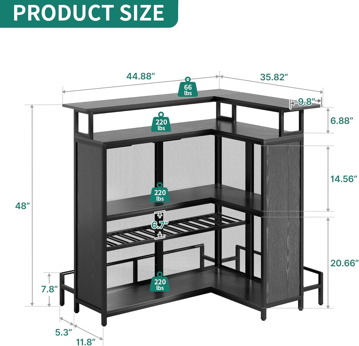 Black L Shaped Mini Home Bar Unit with Music Sensing LED Light, Tall Bars Furniture Table with Wine Rack Alcohol Storage Glasses Hanger Footrest A311